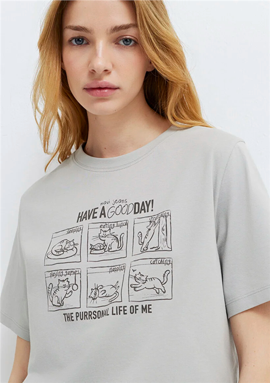 Mavi Y26 M1613876-70075 Açık Gri Kadın Regular Kedi Baskılı T-shirt
