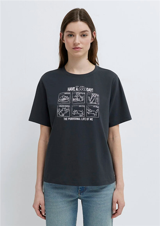 Mavi Y26 M1613876-83620 Gri İnce Çizgili Kadın Regular Kedi Baskılı T-shirt