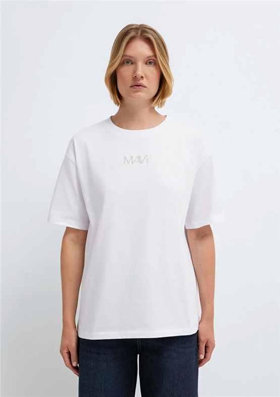 Mavi Y26 M1613884-620 Beyaz Kadın Oversıze Mavi Baskılı T-shirt