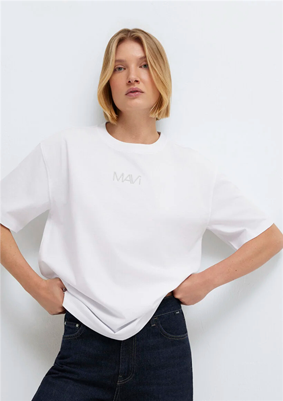 Mavi Y26 M1613884-620 Beyaz Kadın Oversıze Mavi Baskılı T-shirt