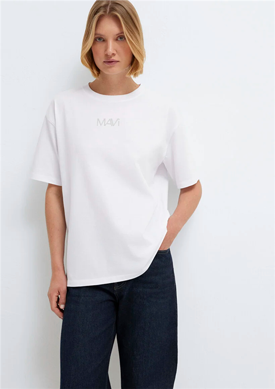 Mavi Y26 M1613884-620 Beyaz Kadın Oversıze Mavi Baskılı T-shirt