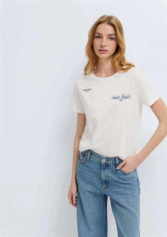Mavi Y26 M1613891-80194 Hindistan Cevizi Kadın Slim Slogan Baskılı T-shirt