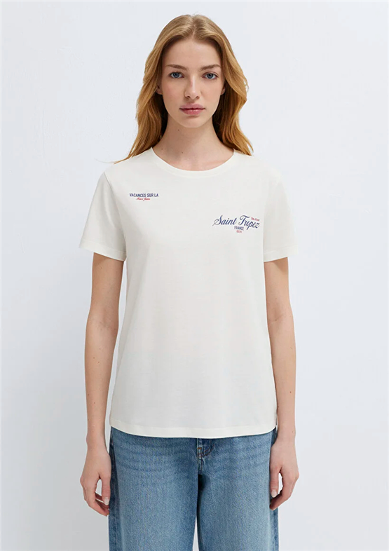 Mavi Y26 M1613891-80194 Hindistan Cevizi Kadın Slim Slogan Baskılı T-shirt