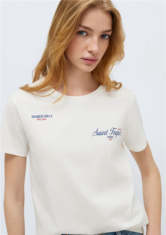 Mavi Y26 M1613891-80194 Hindistan Cevizi Kadın Slim Slogan Baskılı T-shirt