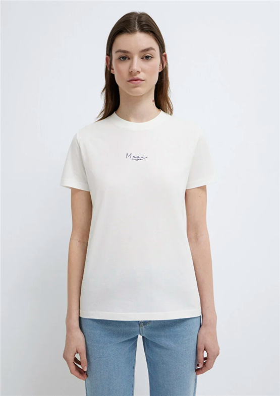 Mavi Y26 M1613900-70057 Kırık Beyaz Kadın Slim Mavi Baskılı T-shirt