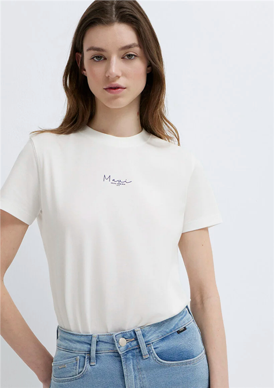Mavi Y26 M1613900-70057 Kırık Beyaz Kadın Slim Mavi Baskılı T-shirt