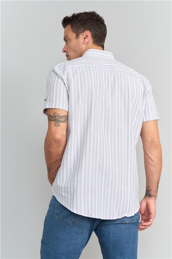 Mentality 1093 Erkek Kısa Kol Keten Çizgili Gömlek 1-3 Gri