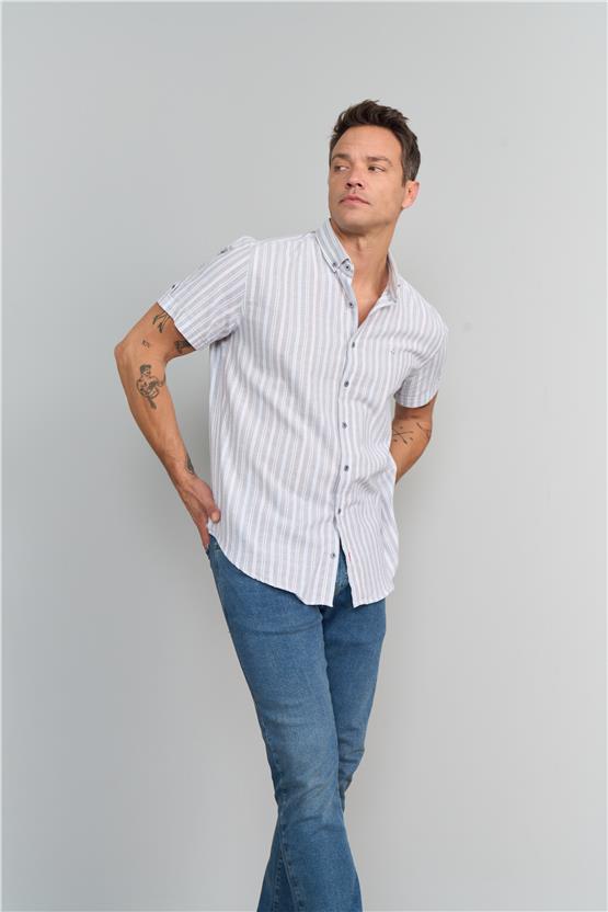Mentality 1093 Erkek Kısa Kol Keten Çizgili Gömlek 1-3 Gri