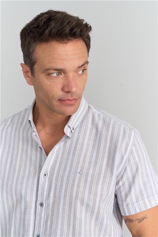 Mentality 1093 Erkek Kısa Kol Keten Çizgili Gömlek 1-3 Gri