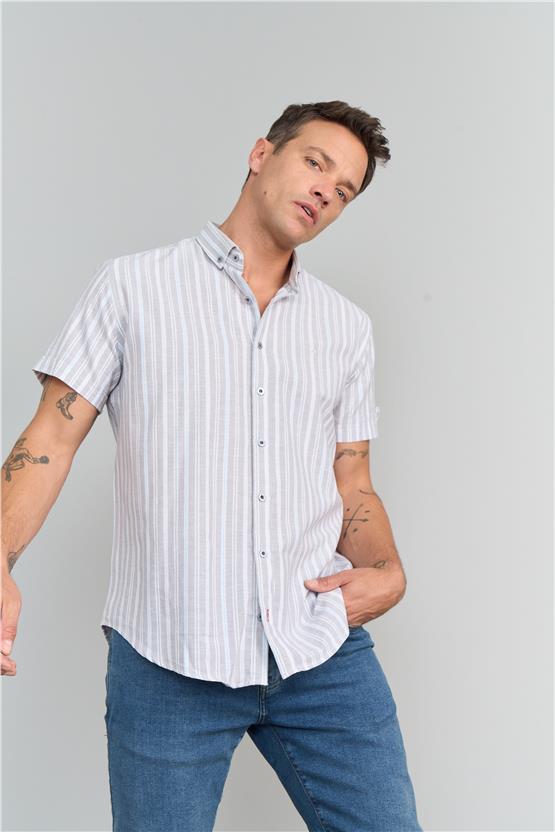 Mentality 1093 Erkek Kısa Kol Keten Çizgili Gömlek 1-3 Gri