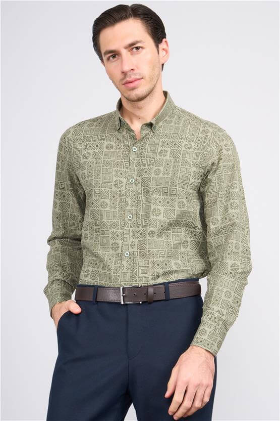 Mentality 205 Erkek Uzun Kol Desenli Slimfit Cepsiz Gömlek Haki 1-3