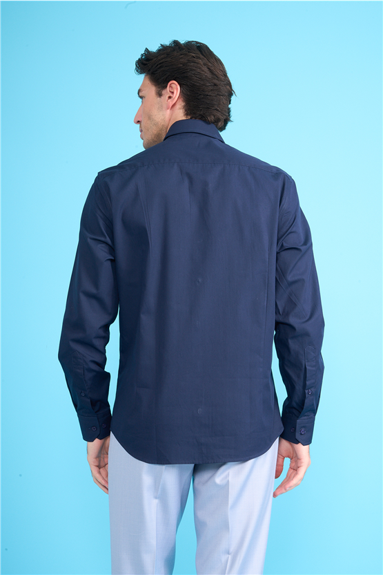 Mentality 2441 Erkek Uzun Kol Slimfit 60/1 Saten Gömlek Koyu Mavi