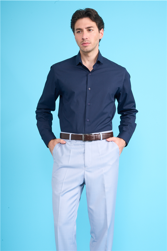 Mentality 2441 Erkek Uzun Kol Slimfit 60/1 Saten Gömlek Koyu Mavi