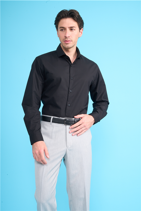 Mentality 2442 Erkek Uzun Kol Slimfit 50/1 Gabardin Gömlek Siyah