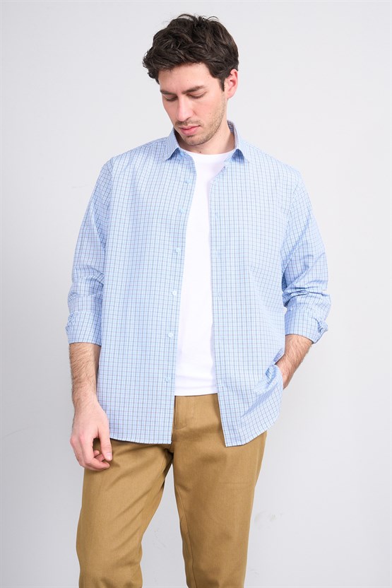 Mentality 2477 Erkek Uzun Kol Soft Ekose Gömlek Lacivert-Mavi Ekose