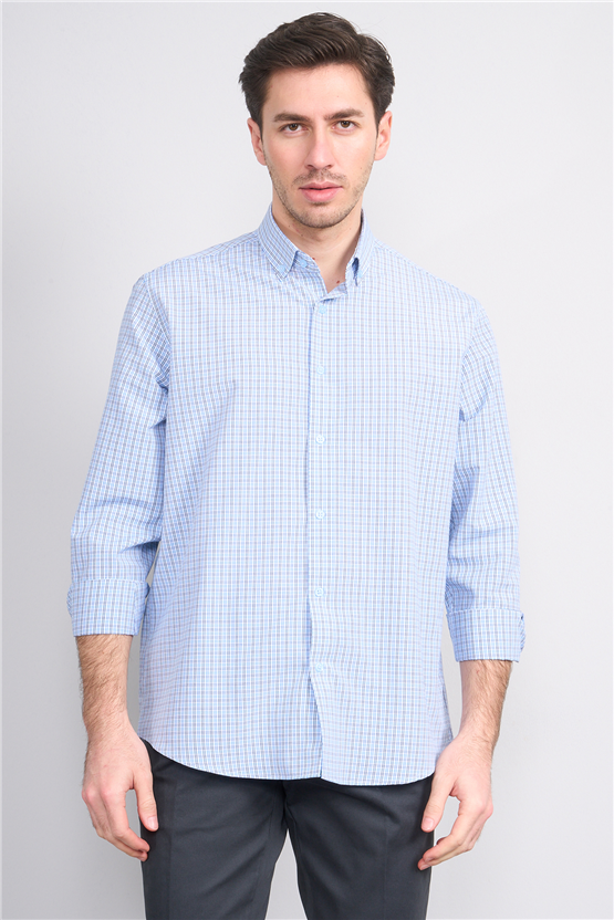 Mentality 2477 Erkek Uzun Kol Soft Ekose Gömlek Lacivert-Mavi Ekose