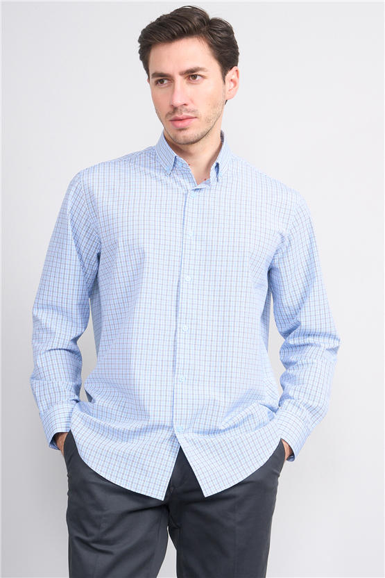 Mentality 2477 Erkek Uzun Kol Soft Ekose Gömlek Lacivert-Mavi Ekose