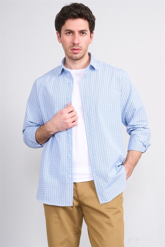 Mentality 2477 Erkek Uzun Kol Soft Ekose Gömlek Lacivert-Mavi Ekose