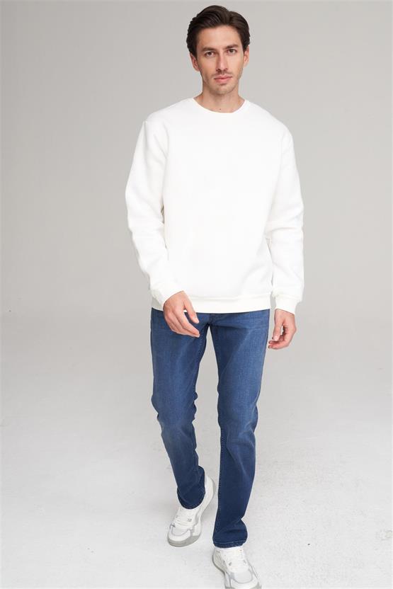 Mentality 3036 Erkek Bisiklet Yaka Üç İplik Şardonlu Sweatshirt Krem