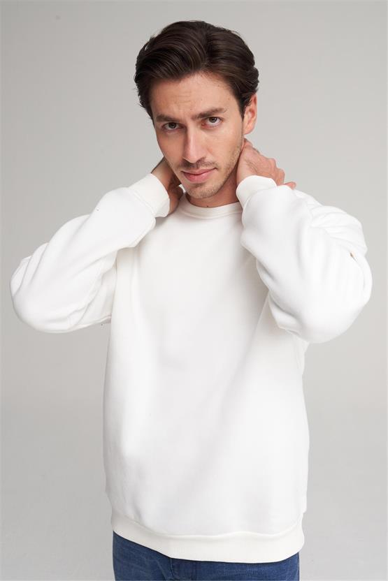 Mentality 3036 Erkek Bisiklet Yaka Üç İplik Şardonlu Sweatshirt Krem