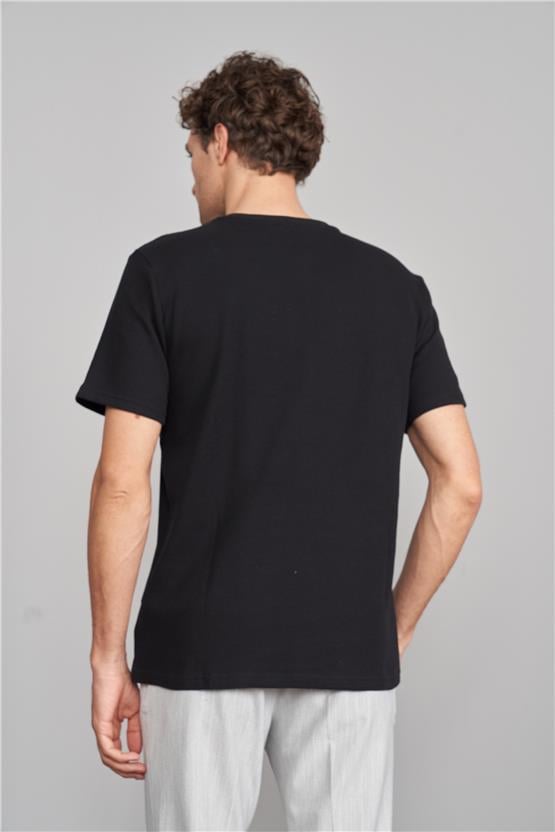 Mentality 3395 Erkek Düğmeli Yaka Waffle T-shirt Siyah