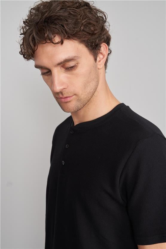 Mentality 3395 Erkek Düğmeli Yaka Waffle T-shirt Siyah