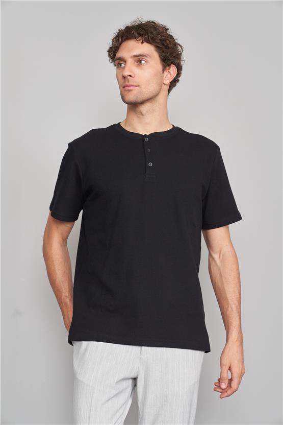 Mentality 3395 Erkek Düğmeli Yaka Waffle T-shirt Siyah