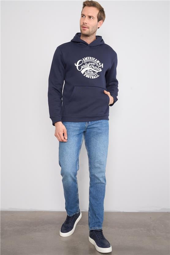 Mentality 3416 Kapüşonlu 3 İplik Şardonlu Kanguru Cep Lacivert Sweatshirt