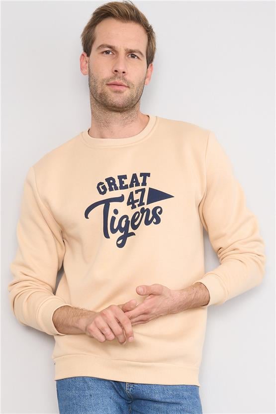 Mentality 3417 Bisiklet Yaka 3 İplik Şardonlu Baskılı Bej Sweatshirt