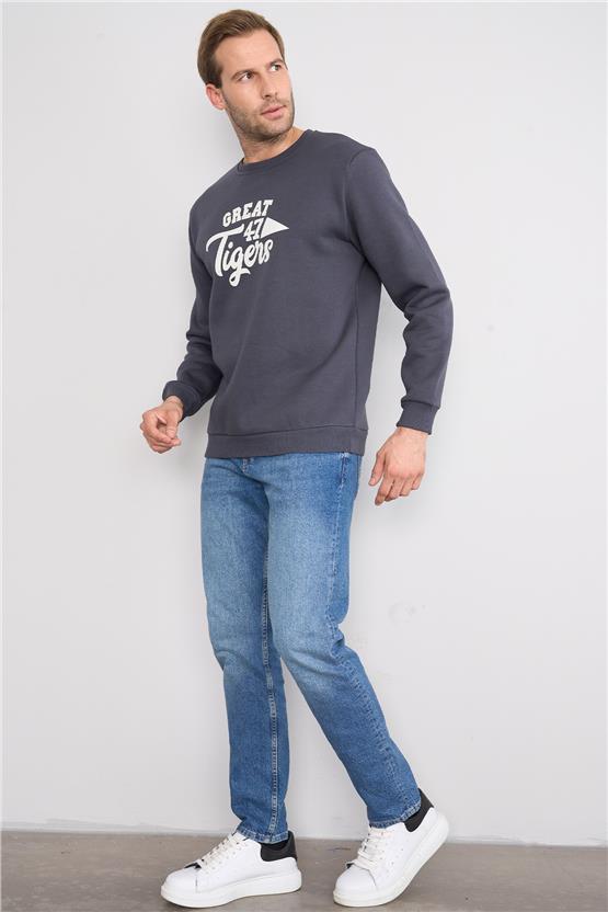 Mentality 3417 Bisiklet Yaka 3 İplik Şardonlu Baskılı Açık Lacivert Sweatshirt