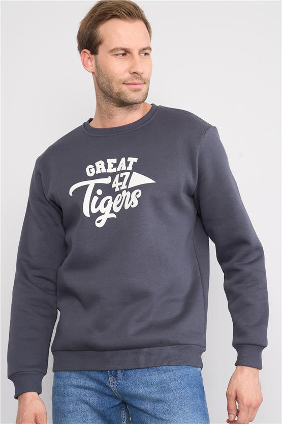 Mentality 3417 Bisiklet Yaka 3 İplik Şardonlu Baskılı Açık Lacivert Sweatshirt