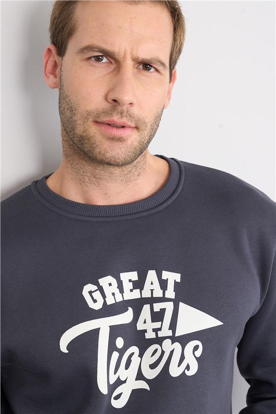 Mentality 3417 Bisiklet Yaka 3 İplik Şardonlu Baskılı Açık Lacivert Sweatshirt