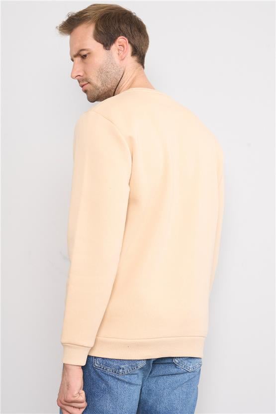 Mentality 3417 Bisiklet Yaka 3 İplik Şardonlu Baskılı Bej Sweatshirt