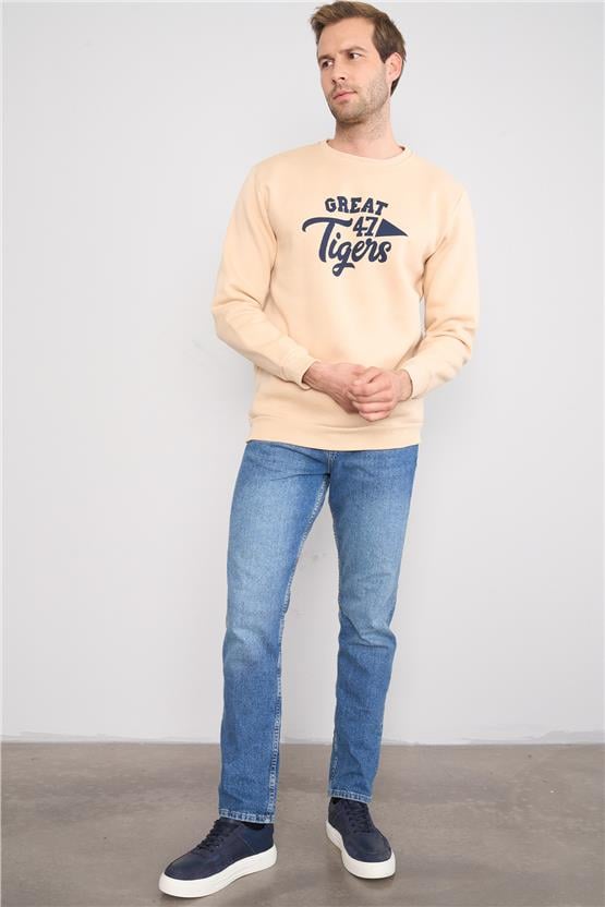 Mentality 3417 Bisiklet Yaka 3 İplik Şardonlu Baskılı Bej Sweatshirt