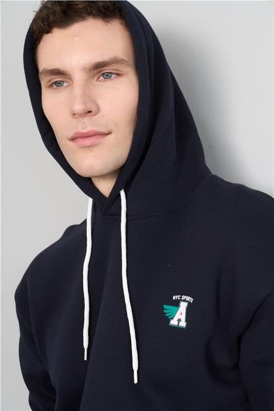 Mentality 3477 Kapüşonlu 3 İplik Şardonlu Baskılı Lacivert Sweatshirt