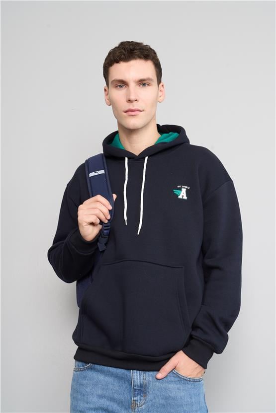 Mentality 3477 Kapüşonlu 3 İplik Şardonlu Baskılı Lacivert Sweatshirt