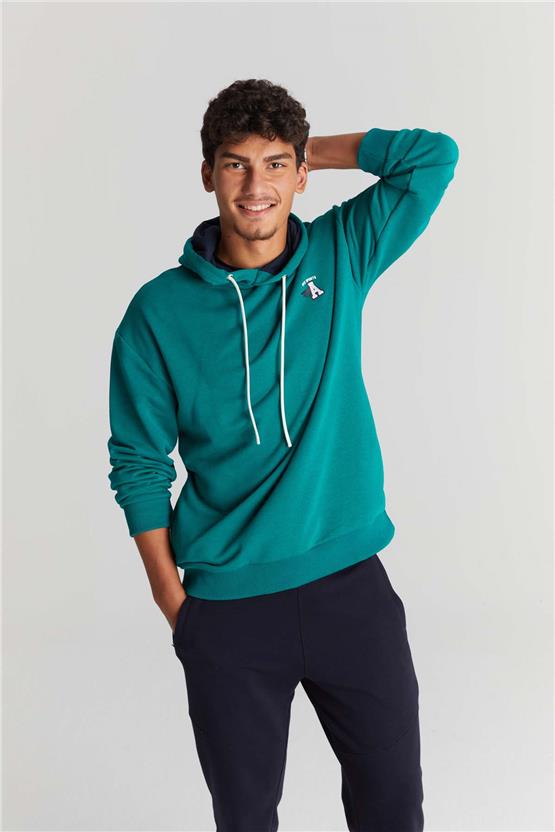 Mentality 3477 Kapüşonlu 3 İplik Şardonlu Baskılı Zümrüt Sweatshirt