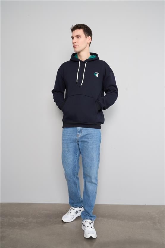 Mentality 3477 Kapüşonlu 3 İplik Şardonlu Baskılı Lacivert Sweatshirt