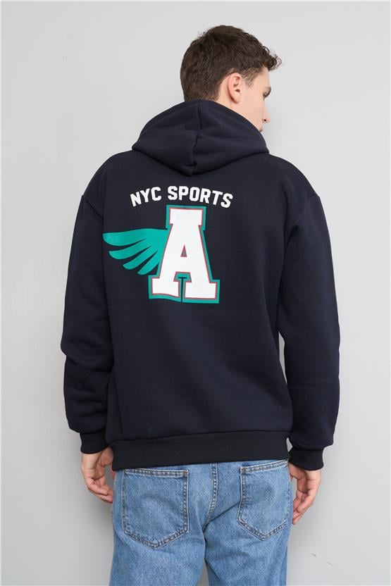 Mentality 3477 Kapüşonlu 3 İplik Şardonlu Baskılı Lacivert Sweatshirt