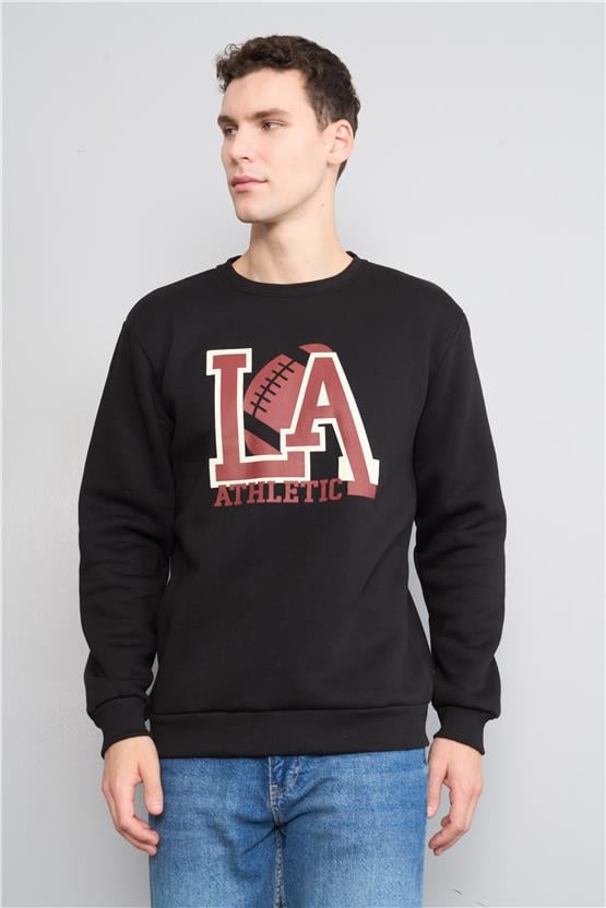 Mentality 3539 Bisiklet Yaka 3 İplik Şardonlu Baskılı Siyah Sweatshirt