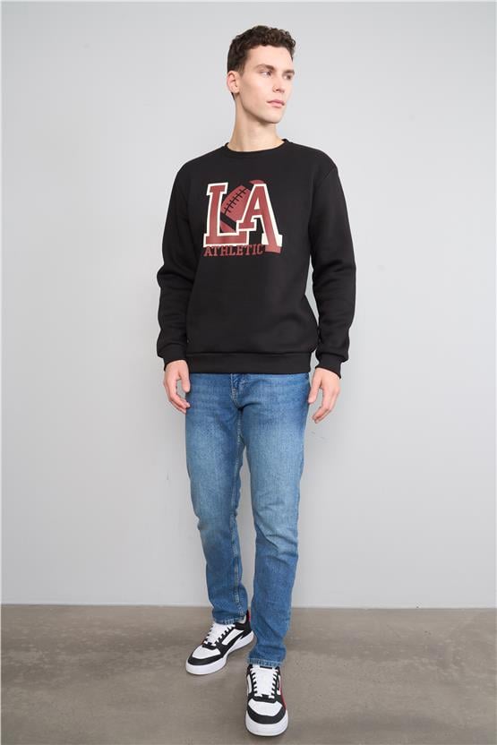 Mentality 3539 Bisiklet Yaka 3 İplik Şardonlu Baskılı Siyah Sweatshirt