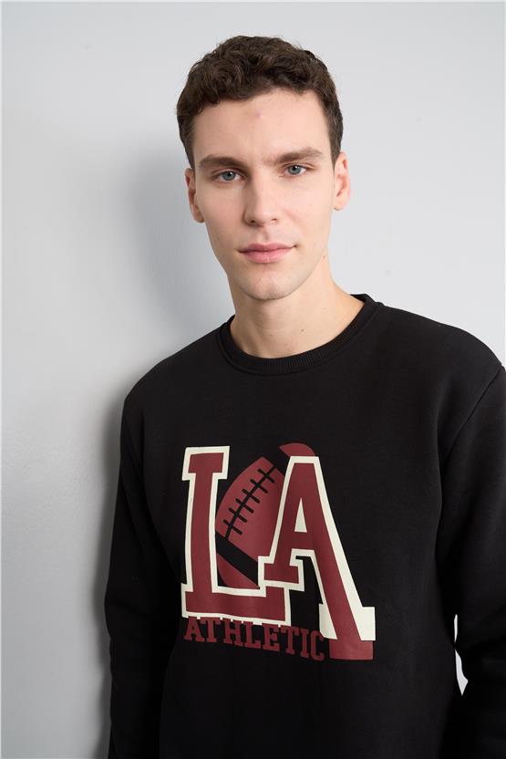 Mentality 3539 Bisiklet Yaka 3 İplik Şardonlu Baskılı Siyah Sweatshirt