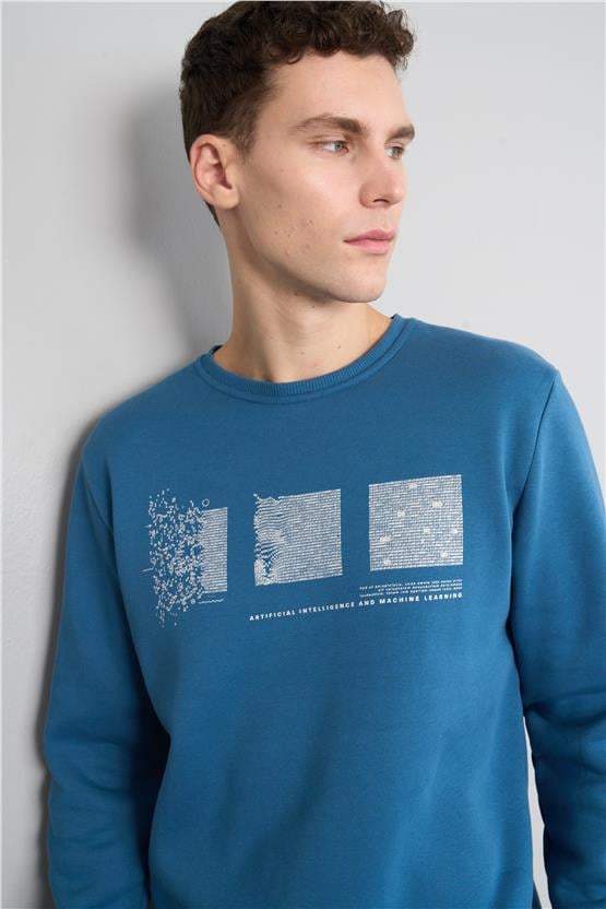 Mentality 3543 Bisiklet Yaka 3 İplik Şardonlu Baskılı Petrol Sweatshirt