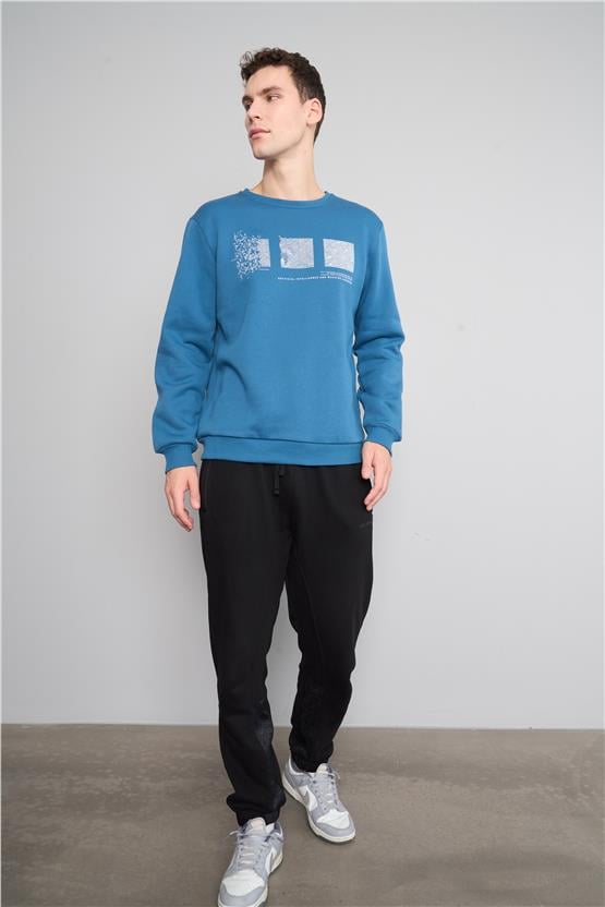 Mentality 3543 Bisiklet Yaka 3 İplik Şardonlu Baskılı Petrol Sweatshirt