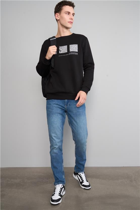 Mentality 3543 Bisiklet Yaka 3 İplik Şardonlu Baskılı Siyah Sweatshirt