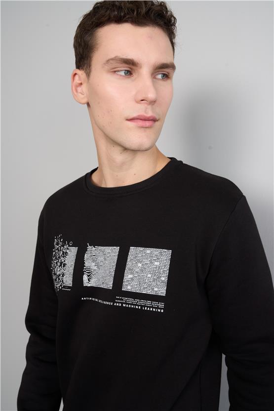 Mentality 3543 Bisiklet Yaka 3 İplik Şardonlu Baskılı Siyah Sweatshirt