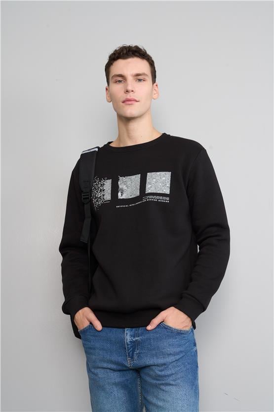Mentality 3543 Bisiklet Yaka 3 İplik Şardonlu Baskılı Siyah Sweatshirt