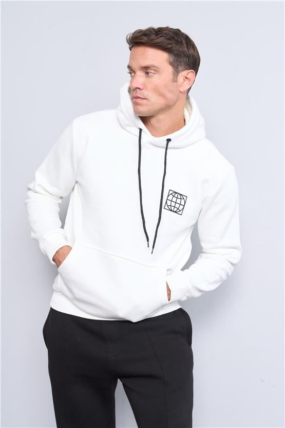 Mentality 3544 Kapüşonlu 3 İplik Şardonlu Baskılı Krem Sweatshirt