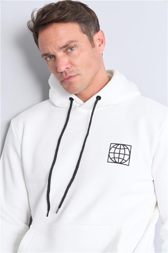 Mentality 3544 Kapüşonlu 3 İplik Şardonlu Baskılı Krem Sweatshirt