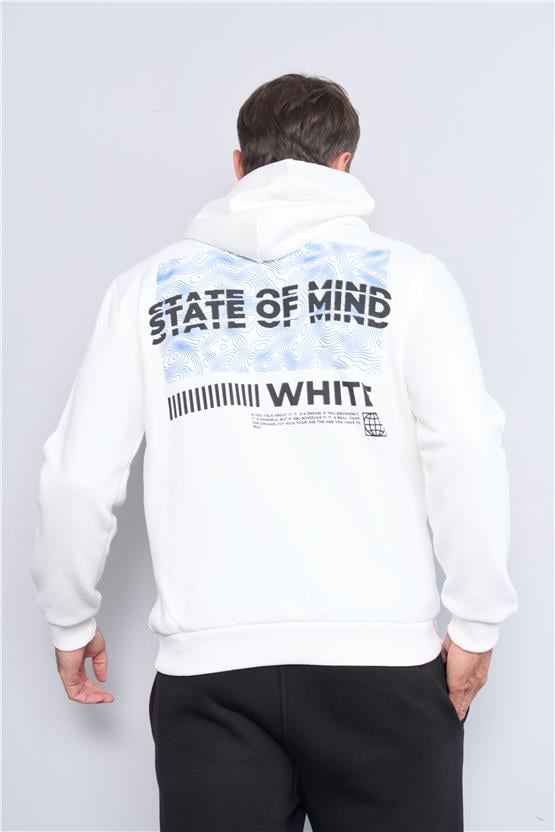 Mentality 3544 Kapüşonlu 3 İplik Şardonlu Baskılı Krem Sweatshirt